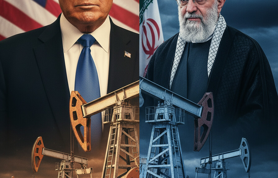 Editorial illustration: Trump Floats Seizing Iranian Oil Fields as Military Pressure Mounts