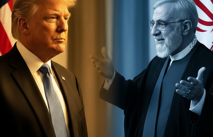 Editorial illustration: Trump Hits Pause on Iran Strikes, But Tehran’s Already Spinning Victory