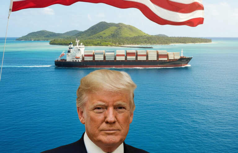 Editorial illustration: Trump Issues 60-Day Jones Act Waiver to Lower Energy Costs for Guam