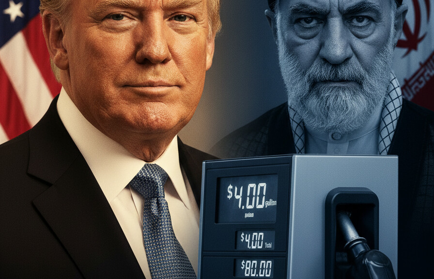 Editorial illustration: Trump Moves to Ease Gas Pain as Iran War Sends Prices Soaring to $4 Per Gallon