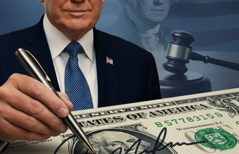 Editorial illustration: Trump Prepares to Put His Signature on U.S. Currency, Breaking Century-Old Tradi