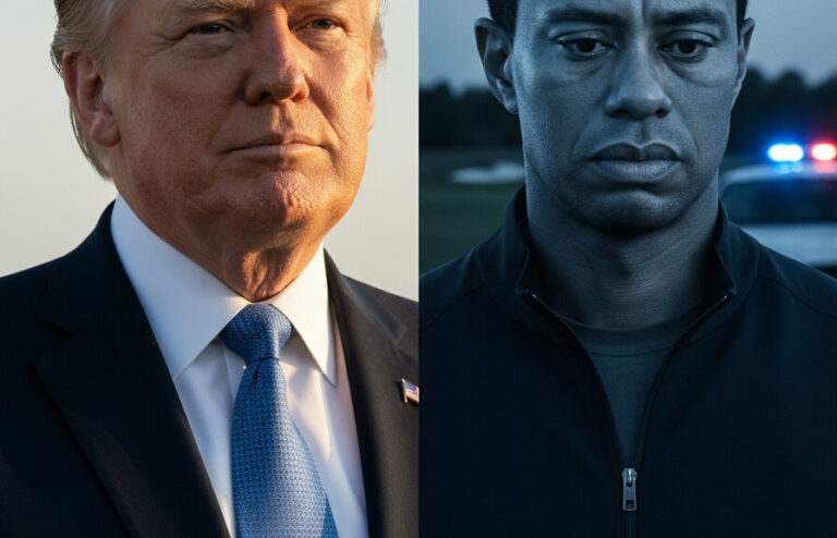 Editorial illustration: Trump Reacts to Tiger Woods DUI Arrest After Rollover Crash in Florida