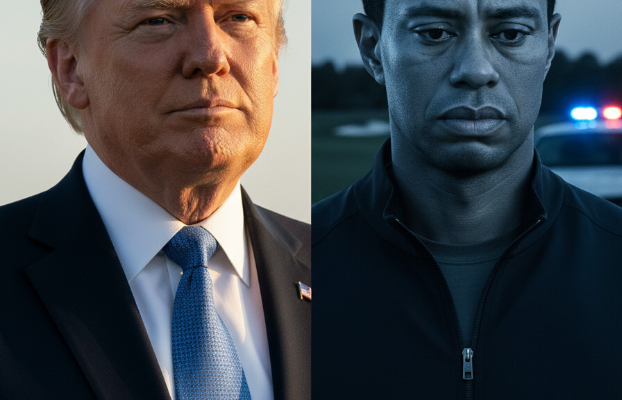 Editorial illustration: Trump Reacts to Tiger Woods DUI Arrest After Rollover Crash in Florida