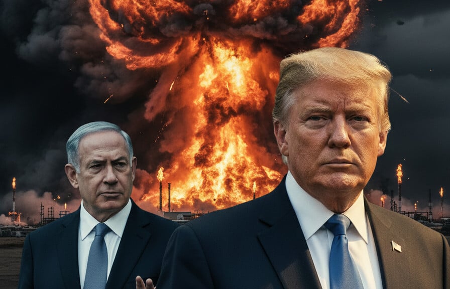 Editorial illustration: Trump Reveals Israel ‘Violently Lashed Out’ at Iranian Gas Fields &#