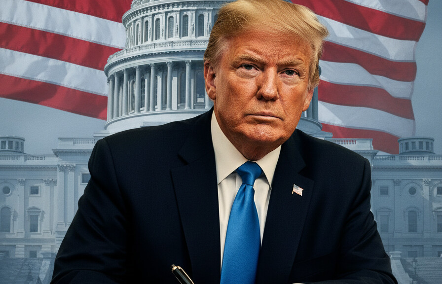 Editorial illustration: Trump Signs Emergency Order to Pay TSA Agents During Democrat-Blocked Shutdown