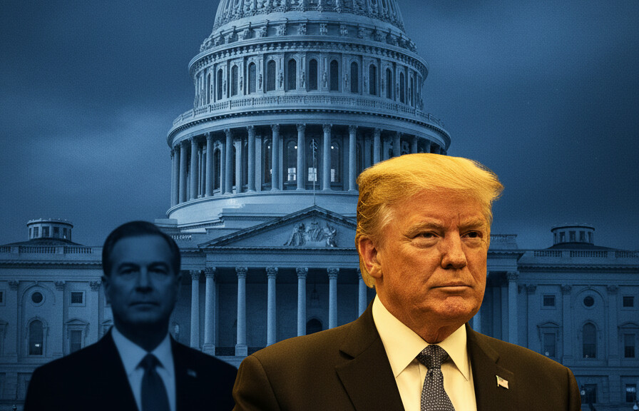Editorial illustration: Trump Signs Emergency Order to Pay TSA Agents During Democrat-Blocked Shutdown