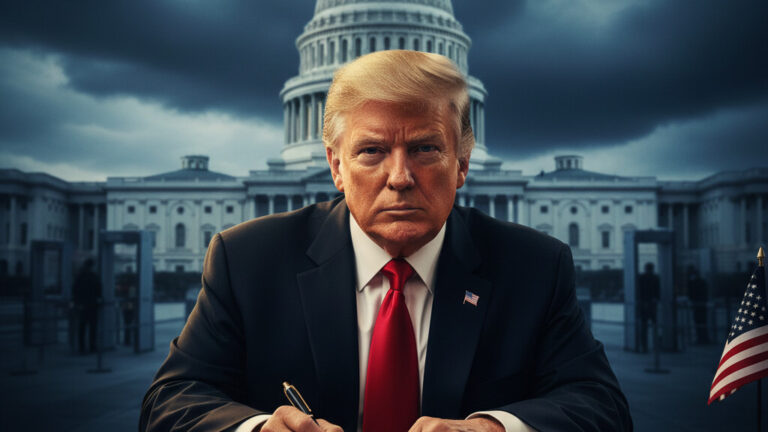 Editorial illustration: Trump Signs Emergency Order to Pay TSA Agents During Democrat-Blocked Shutdown