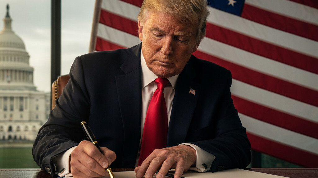 Editorial illustration: Trump Signs Emergency Order to Pay TSA Agents During Democrat-Blocked Shutdown