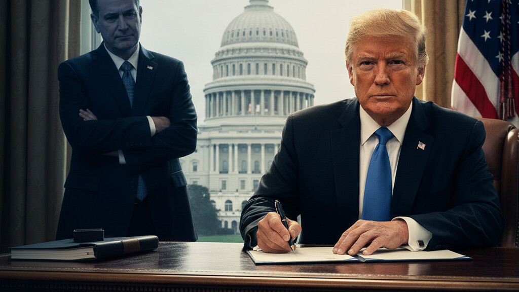 Editorial illustration: Trump Signs Emergency Order to Pay TSA Agents During Democrat-Blocked Shutdown