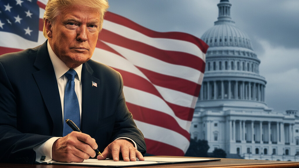 Editorial illustration: Trump Signs Emergency Order to Pay TSA Agents During Democrat-Blocked Shutdown