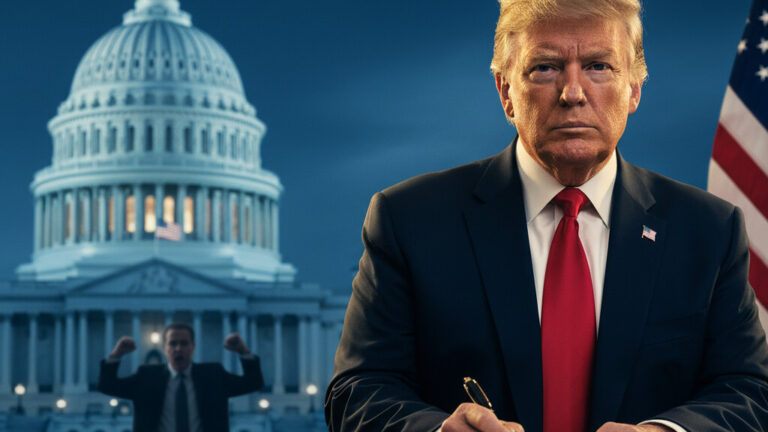 Editorial illustration: Trump Signs Emergency Order to Pay TSA Agents During Democrat-Blocked Shutdown