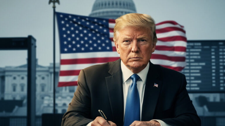 Editorial illustration: Trump Signs Emergency Order to Pay TSA Agents During Democrat-Blocked Shutdown
