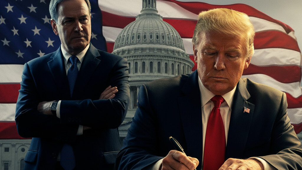 Editorial illustration: Trump Signs Emergency Order to Pay TSA Agents During Democrat-Blocked Shutdown