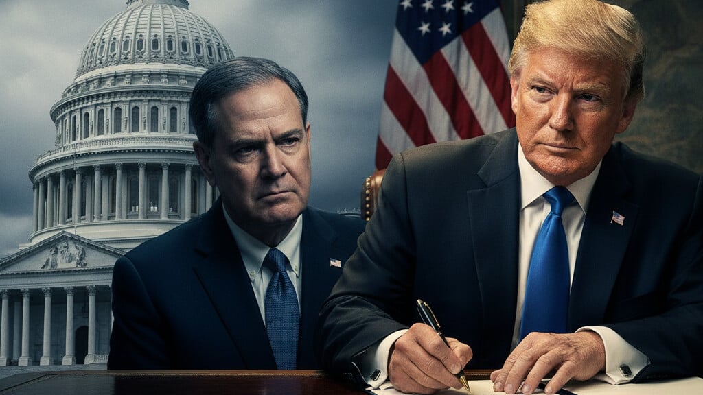 Editorial illustration: Trump Signs Emergency Order to Pay TSA Agents During Democrat-Blocked Shutdown