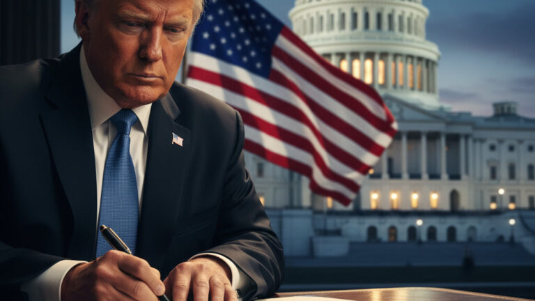 Editorial illustration: Trump Signs Emergency Order to Pay TSA Agents During Democrat-Blocked Shutdown