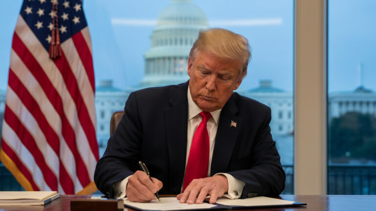 Editorial illustration: Trump Signs Emergency Order to Pay TSA Agents During Democrat-Blocked Shutdown
