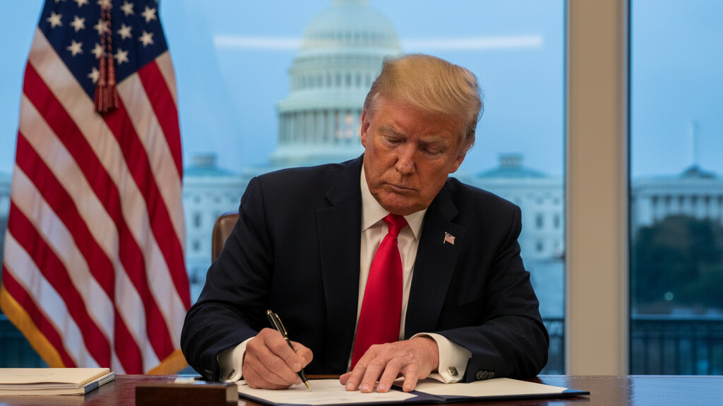 Editorial illustration: Trump Signs Emergency Order to Pay TSA Agents During Democrat-Blocked Shutdown