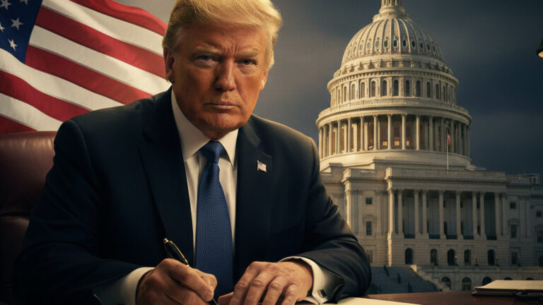 Editorial illustration: Trump Signs Emergency Order to Pay TSA Agents During Democrat-Blocked Shutdown