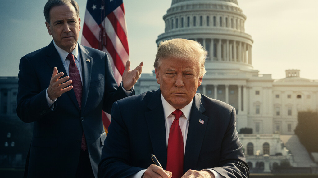 Editorial illustration: Trump Signs Emergency Order to Pay TSA Agents During Democrat-Blocked Shutdown