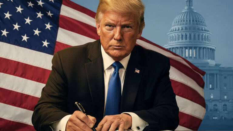 Editorial illustration: Trump Signs Emergency Order to Pay TSA Agents During Democrat-Blocked Shutdown