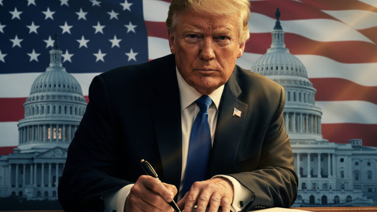 Editorial illustration: Trump Signs Emergency Order to Pay TSA Agents During Democrat-Blocked Shutdown