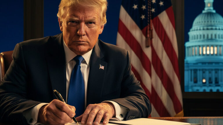 Editorial illustration: Trump Signs Emergency Order to Pay TSA Agents During Democrat-Blocked Shutdown