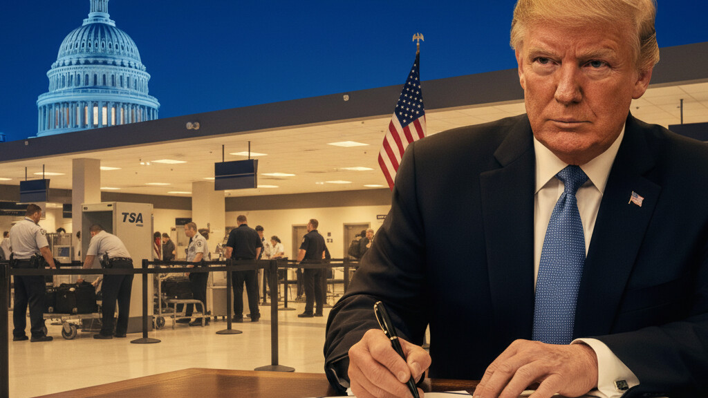 Editorial illustration: Trump Signs Emergency Order to Pay TSA Agents During Democrat-Blocked Shutdown