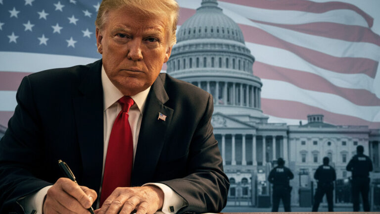 Editorial illustration: Trump Signs Emergency Order to Pay TSA Agents During Democrat-Blocked Shutdown