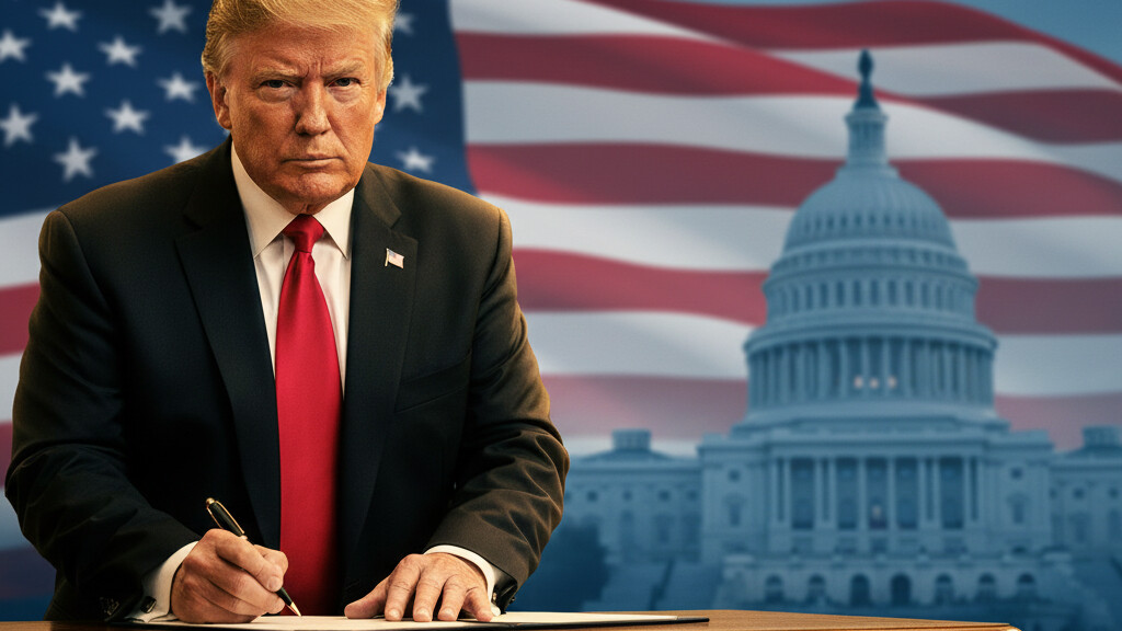 Editorial illustration: Trump Signs Emergency Order to Pay TSA Agents During Democrat-Blocked Shutdown