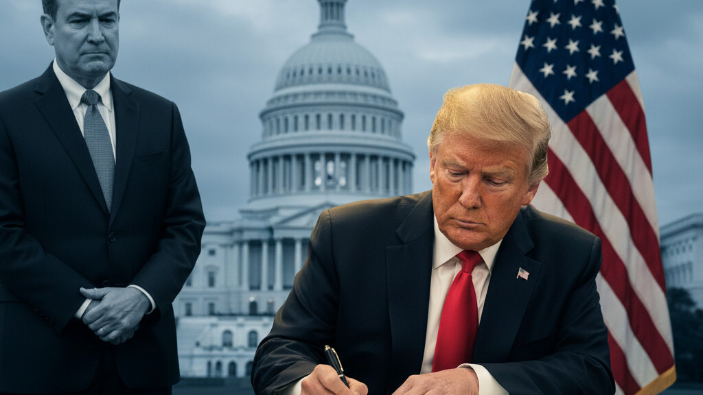 Editorial illustration: Trump Signs Emergency Order to Pay TSA Agents During Democrat-Blocked Shutdown