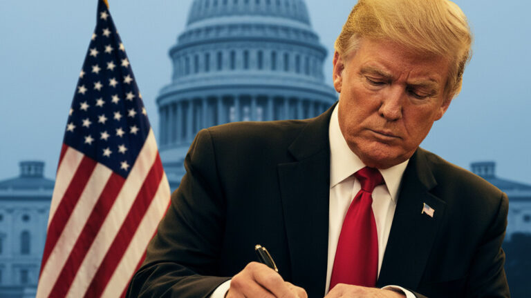 Editorial illustration: Trump Signs Emergency Order to Pay TSA Agents During Democrat-Blocked Shutdown