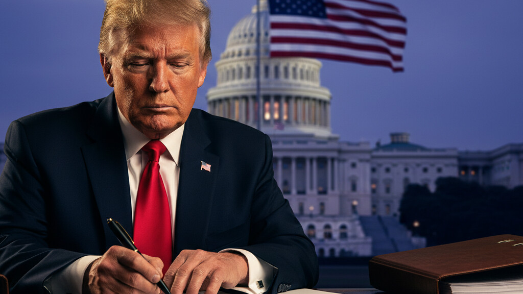 Editorial illustration: Trump Signs Emergency Order to Pay TSA Agents During Democrat-Blocked Shutdown
