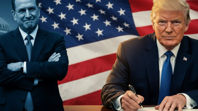 Editorial illustration: Trump Signs Emergency Order to Pay TSA Agents During Democrat-Blocked Shutdown