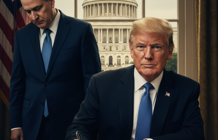 Editorial illustration: Trump Signs Emergency Order to Pay TSA Agents During Democrat-Blocked Shutdown