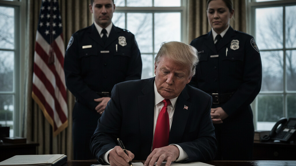 Editorial illustration: Trump Signs Emergency Order to Pay TSA Agents During Democrat-Blocked Shutdown