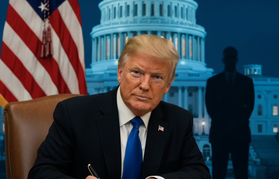 Editorial illustration: Trump Signs Emergency Order to Pay TSA Agents During Democrat-Blocked Shutdown