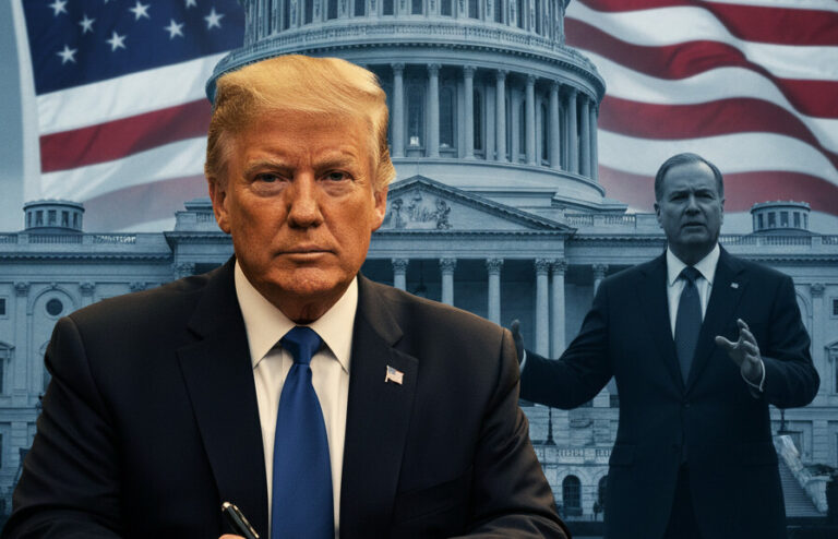 Editorial illustration: Trump Signs Emergency Order to Pay TSA Agents During Democrat-Blocked Shutdown