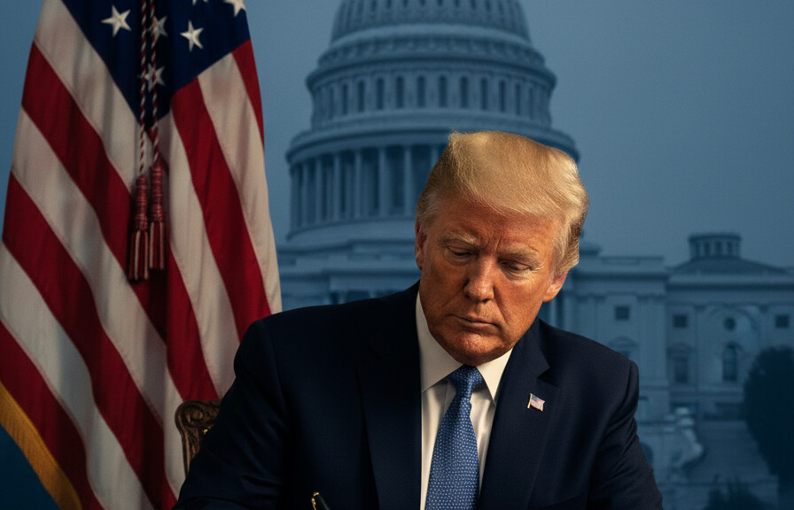 Editorial illustration: Trump Signs Emergency Order to Pay TSA Agents During Democrat-Blocked Shutdown