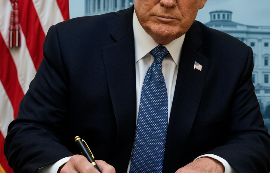 Editorial illustration: Trump Signs Emergency Order to Pay TSA Agents During Democrat-Blocked Shutdown