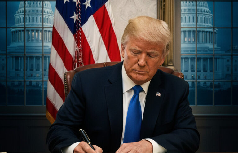 Editorial illustration: Trump Signs Emergency Order to Pay TSA Agents During Democrat-Blocked Shutdown