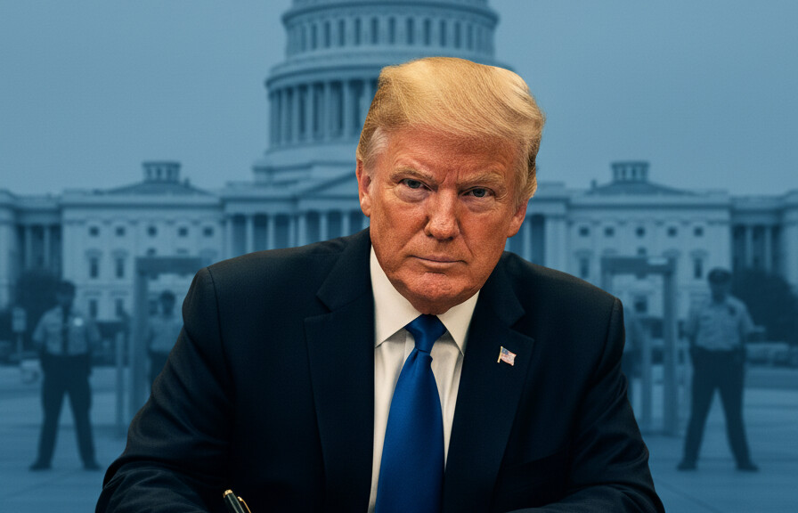Editorial illustration: Trump Signs Emergency Order to Pay TSA Agents During Democrat-Blocked Shutdown
