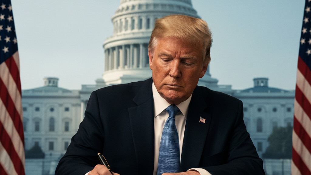 Editorial illustration: Trump Signs Emergency Order to Pay TSA Agents During Democrat-Blocked Shutdown