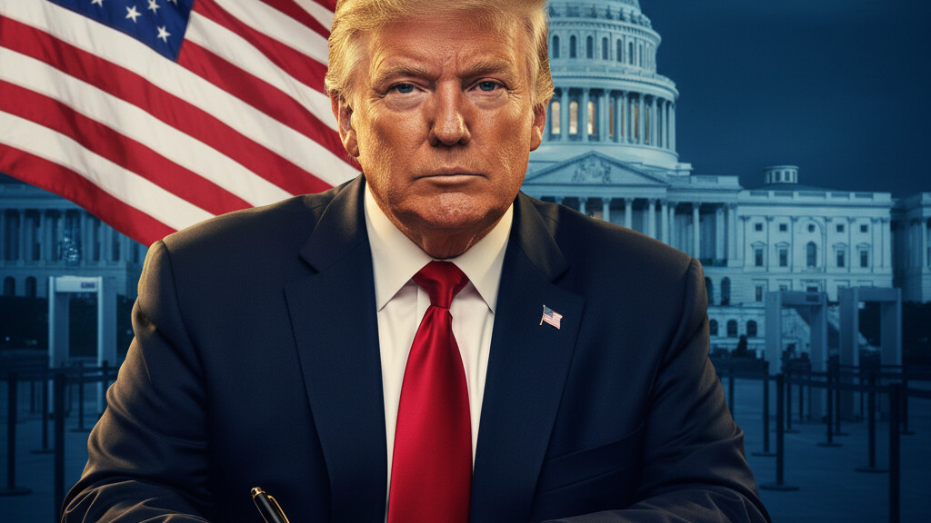 Editorial illustration: Trump Signs Emergency Order to Pay TSA Agents During Democrat-Blocked Shutdown