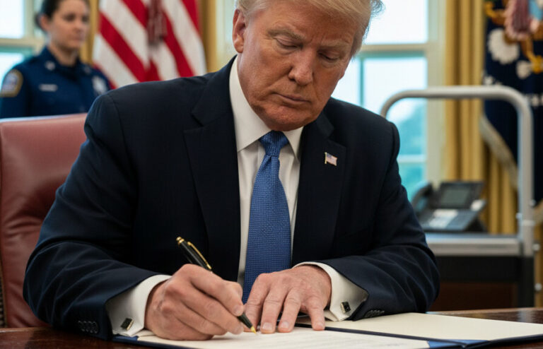 Editorial illustration: Trump Signs Executive Order Ensuring TSA Workers Get Paid During Democrat-Led DH