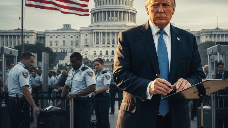 Editorial illustration: Trump Steps In to Pay TSA Agents After Democrats’ Shutdown Games