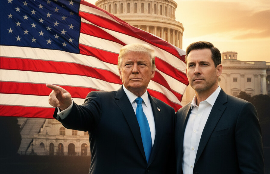 Editorial illustration: Trump Taps Nick Adams as Special Envoy to Spread ‘Message of American Greatness’