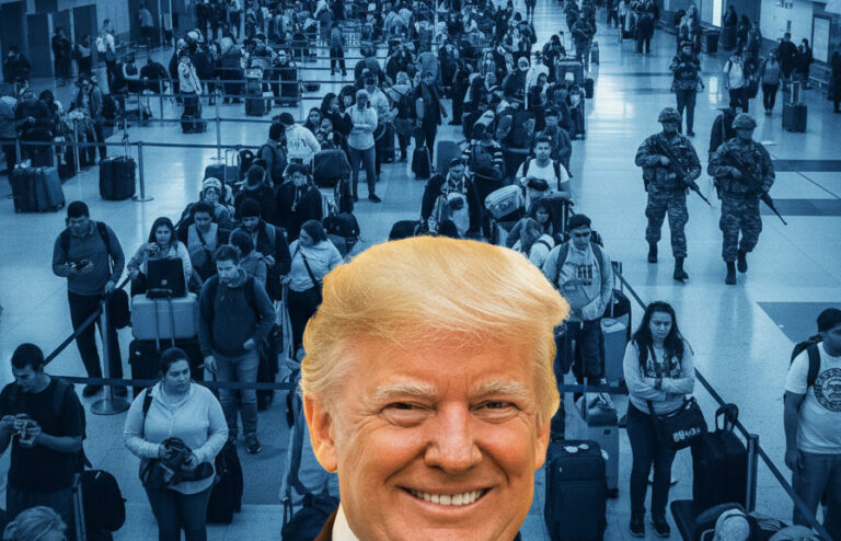 Editorial illustration: Trump Threatens National Guard Deployment as Democrats Block Airport Funding