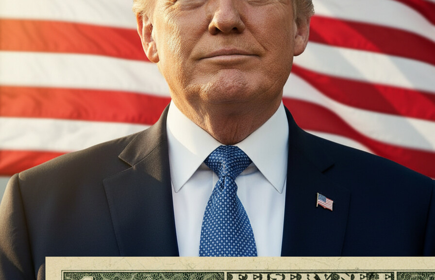 Editorial illustration: Trump to Put His Signature on US Currency, Breaking Century-Old Tradition