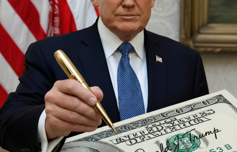 Editorial illustration: Trump to Put Signature on U.S. Currency for 250th Anniversary, Breaking 165-Year