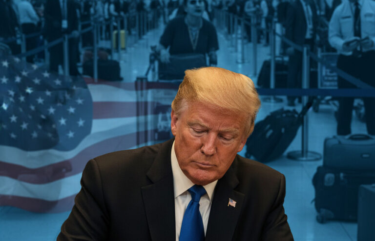 Editorial illustration: Trump to Sign Emergency Order Paying TSA Agents as Democrat Shutdown Chaos Conti